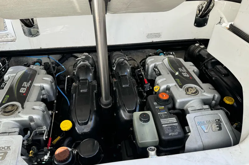  Yacht Photos Pics 2013 Cobalt 336 boat engine compartment with dual 8.2L Mercury V8 engines.