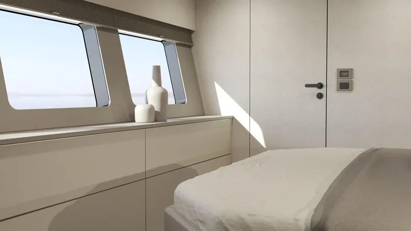 New Moon 60 Power Yacht Photos Pics Luxurious interior of 2025 Moon 60 Power yacht with modern decor and large windows.