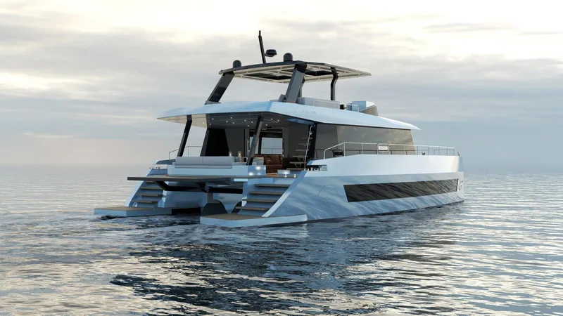 New Moon 60 Power Yacht Photos Pics Futuristic 2025 Moon 60 Power yacht cruising on calm ocean waters.