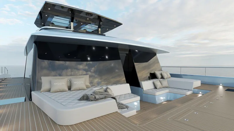 New Moon 60 Power Yacht Photos Pics Luxurious 2025 Moon 60 Power yacht deck with modern seating and ocean view.