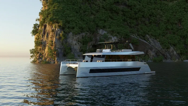 New Moon 60 Power Yacht Photos Pics Luxurious 2025 Moon 60 Power yacht cruising near a lush, rocky coastline at sunset.