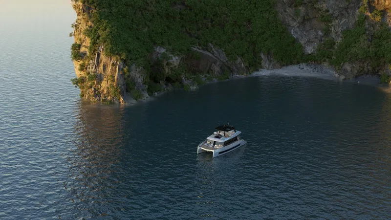 New Moon 60 Power Yacht Photos Pics Luxury yacht "Moon 60 Power" in serene cove, 2025 model.