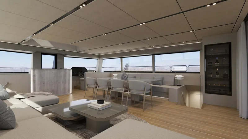 New Moon 60 Power Yacht Photos Pics Luxurious interior of 2025 Moon 60 Power yacht with modern furnishings and panoramic windows.