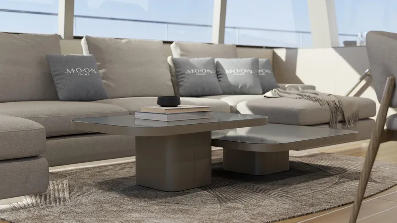 New Moon 60 Power Yacht Photos Pics Luxurious yacht interior with modern furniture, featuring Moon 60 Power 2025 model design.