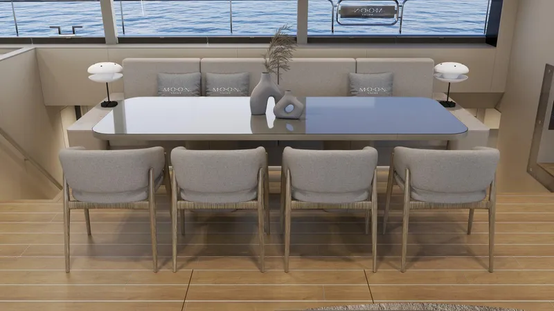 New Moon 60 Power Yacht Photos Pics Luxurious dining area on 2025 Moon 60 Power yacht with ocean view.