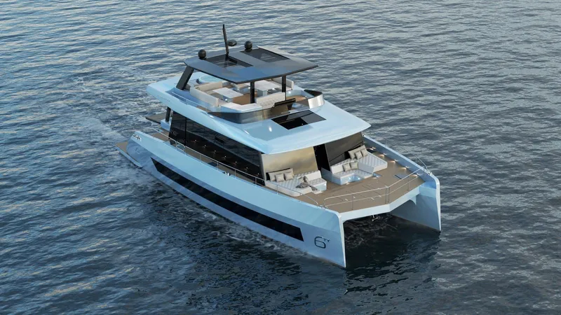 New Moon 60 Power Yacht Photos Pics Futuristic 2025 Moon 60 Power yacht cruising on open water.