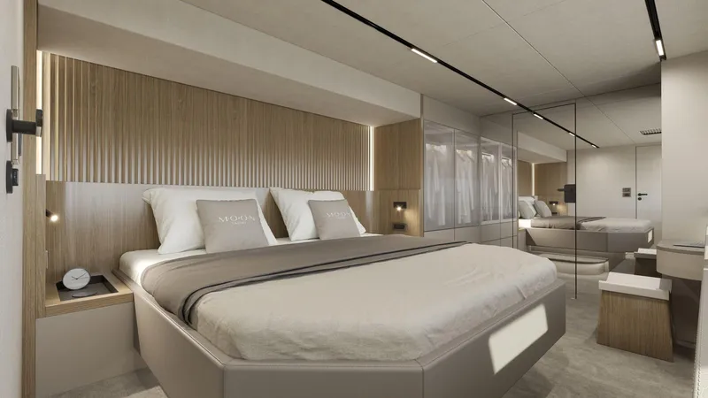 New Moon 60 Power Yacht Photos Pics Luxurious bedroom interior in 2025 Moon 60 Power yacht, featuring modern design and elegant furnishings.