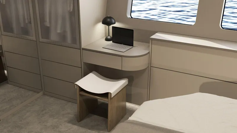 New Moon 60 Power Yacht Photos Pics Modern yacht interior with desk, laptop, and ocean view, Moon 60 Power 2025 model.