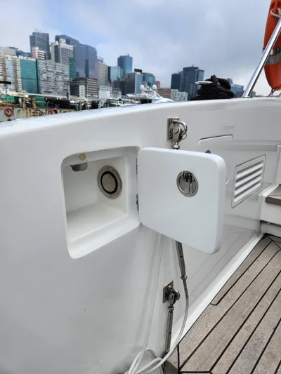  Yacht Photos Pics 2025 Heysea Seaview 56 yacht deck with city skyline in background.