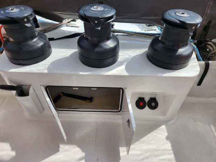  Yacht Photos Pics 2025 Heysea Seaview 56 yacht deck with winches and open storage compartment.