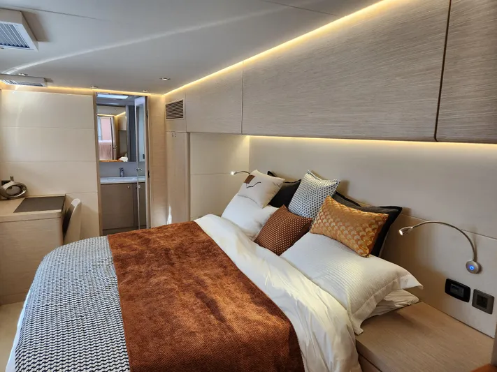  Yacht Photos Pics Luxurious bedroom interior of 2025 Heysea Seaview 56 yacht with modern design and ambient lighting.