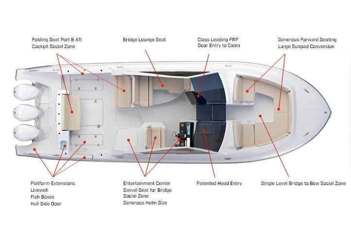  Yacht Photos Pics Manufacturer Provided Image: Top view of 2018 Pursuit DC 365 Dual Console boat layout with labeled features.