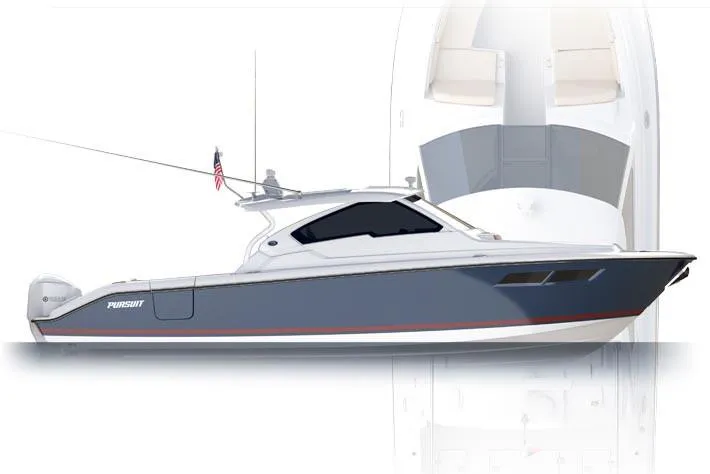  Yacht Photos Pics Manufacturer Provided Image: 2018 Pursuit DC 365 Dual Console boat, side and top view.