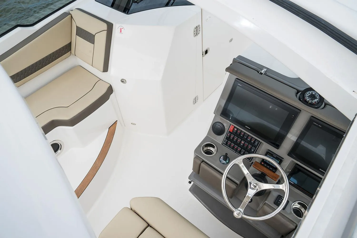 Manufacturer Provided Image: 2018 Pursuit DC 365 Dual Console boat interior with helm and seating area.