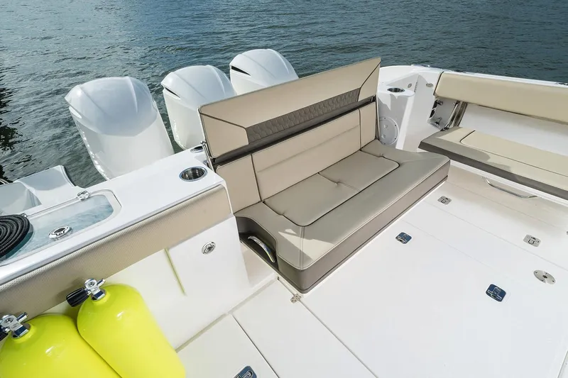  Yacht Photos Pics Manufacturer Provided Image: 2018 Pursuit DC 365 Dual Console boat with seating and outboard motors.