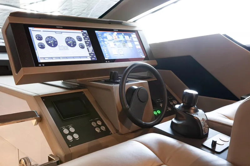 M/y "ghep" Yacht Photos Pics Cockpit of 2022 Pershing 7X yacht with advanced navigation displays and controls.