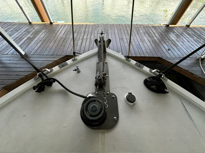  Yacht Photos Pics Bow of 1987 Ocean Alexander 46 Cockpit Motor Yacht with anchor and winch system.