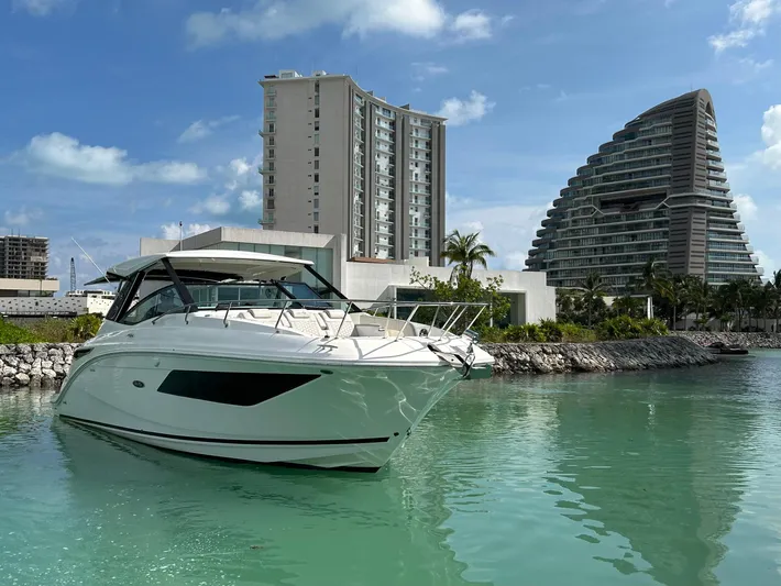 2023 Sea Ray 320 Sundancer @ Canucn Yacht Photos Pics 2023 Sea Ray Sundancer 320 yacht docked in a marina with modern buildings in the background.