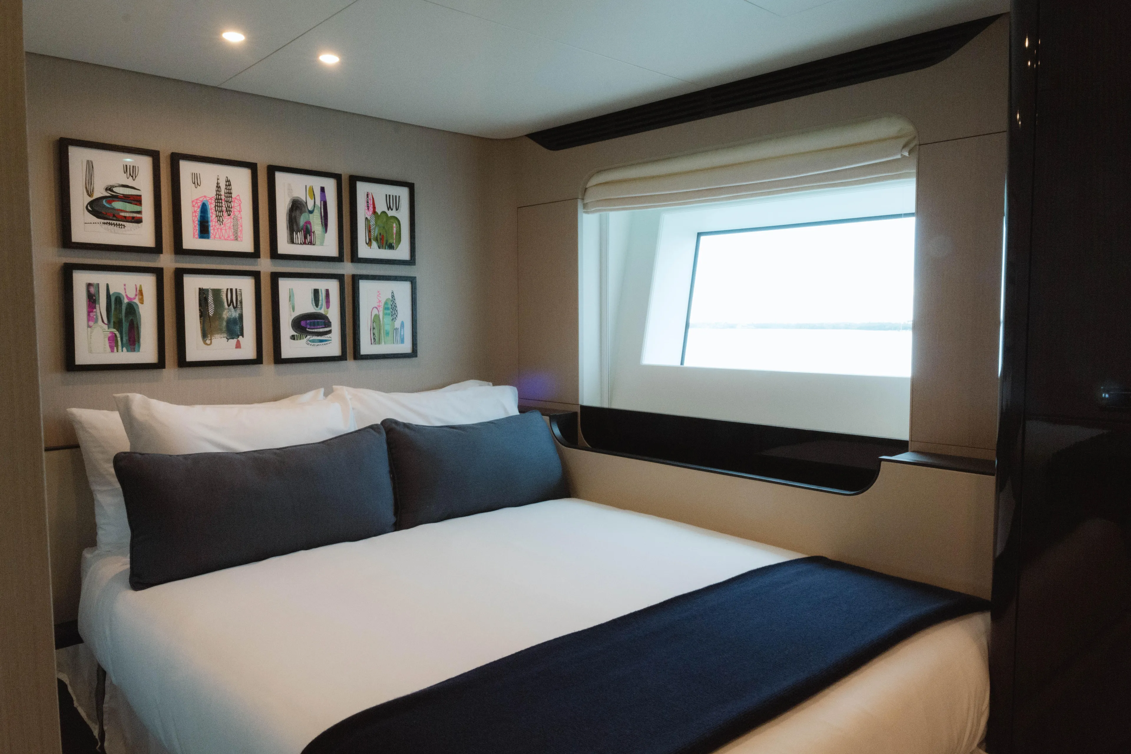 Carpe Diem Yacht Photos Pics Luxurious bedroom interior of 2023 Azimut 32M Grande yacht with modern art decor.