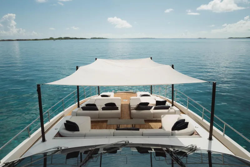 Carpe Diem Yacht Photos Pics Luxurious 2023 Azimut yacht with elegant deck seating and ocean view.