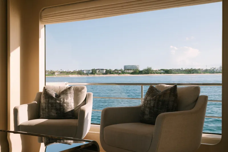 Carpe Diem Yacht Photos Pics Luxurious Azimut yacht interior with ocean view, featuring elegant seating and modern design, 2023 model.