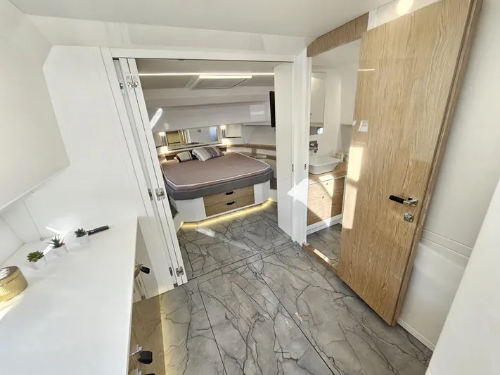 Rio 50 Yacht Photos Pics 2024 Rio Yachts Daytona 50 interior with modern bedroom and sleek design.