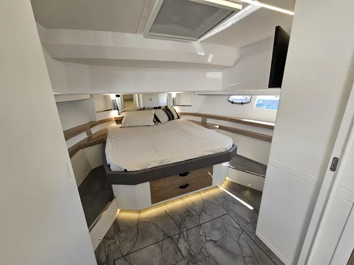 Rio 50 Yacht Photos Pics Luxurious cabin interior of 2024 Rio Yachts Daytona 50 with modern design and ambient lighting.