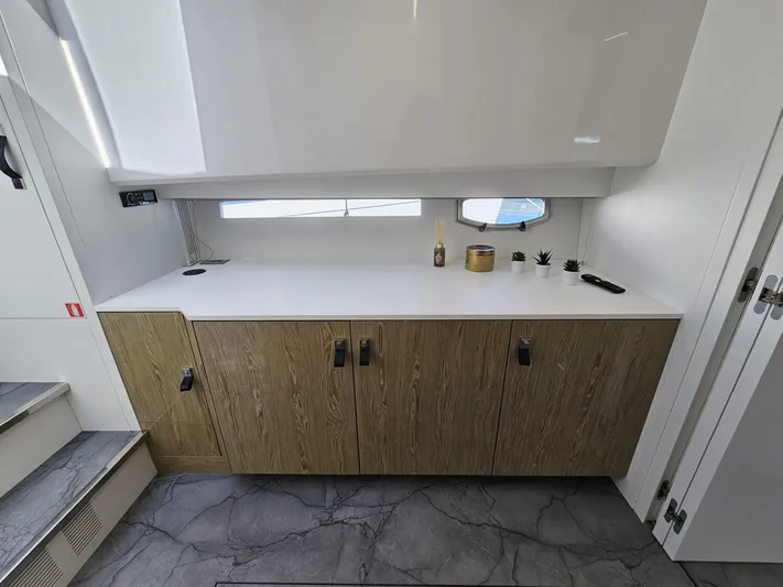 Rio 50 Yacht Photos Pics Modern interior of 2024 Rio Yachts Daytona 50 with sleek cabinetry and minimalist decor.