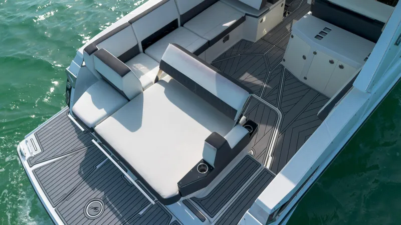 Fanta Sea Yacht Photos Pics 2018 Monterey 378 Super Express boat interior with luxurious seating and sleek design on water.