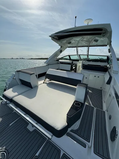 Fanta Sea Yacht Photos Pics 2018 Monterey 378 Super Express yacht interior with luxurious seating and ocean view.