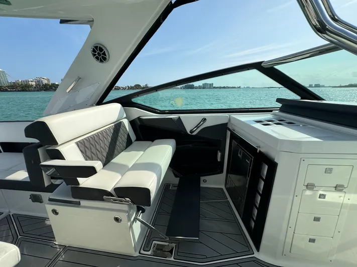 Fanta Sea Yacht Photos Pics Interior of 2018 Monterey 378 Super Express yacht with luxurious seating and ocean view.