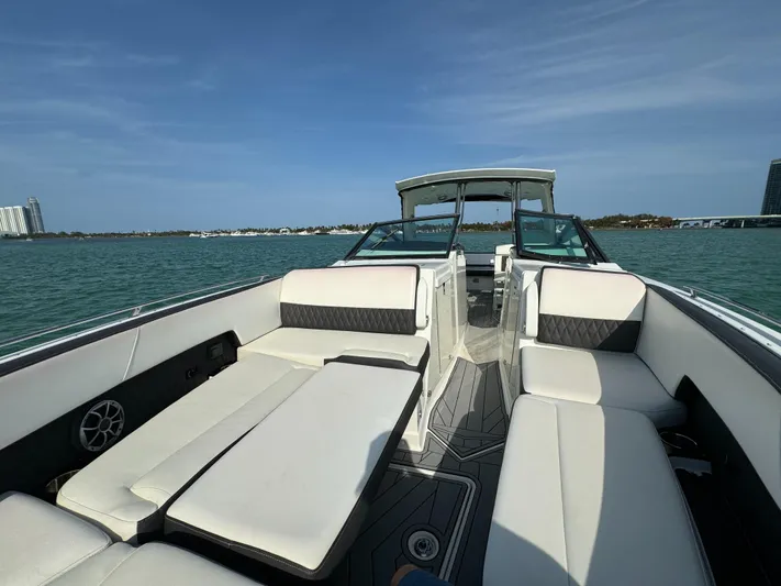 Fanta Sea Yacht Photos Pics 2018 Monterey 378 Super Express boat interior with luxurious seating on a sunny day.