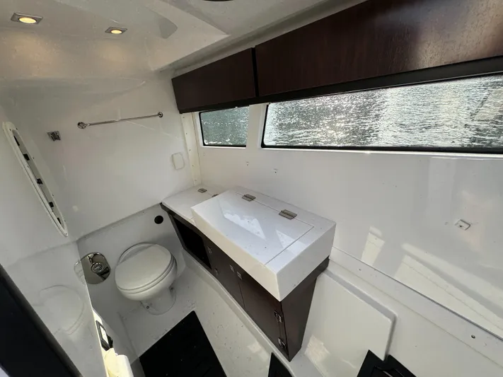 Fanta Sea Yacht Photos Pics Luxurious bathroom interior of 2018 Monterey 378 Super Express yacht with modern fixtures.