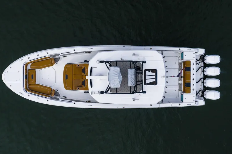  Yacht Photos Pics Overhead view of 2021 Wellcraft 402 Fisherman boat with four engines.