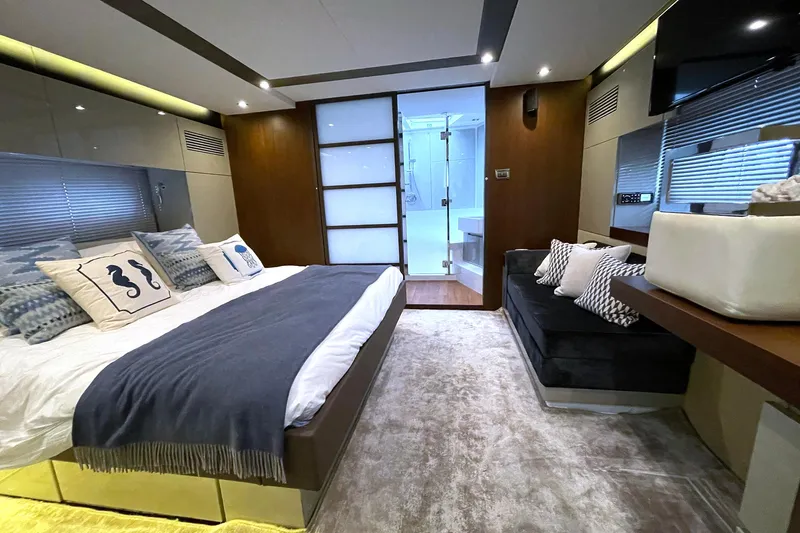  Yacht Photos Pics Luxurious bedroom interior of 2015 Fairline Targa 62 GT yacht.