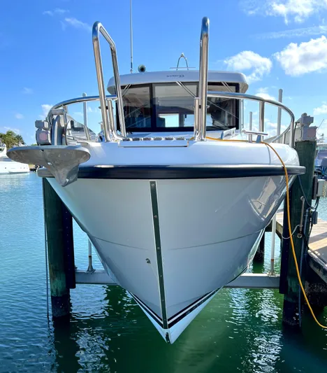 Maramor Yacht Photos Pics 2019 Sargo 33 All Season boat docked at marina, front view.