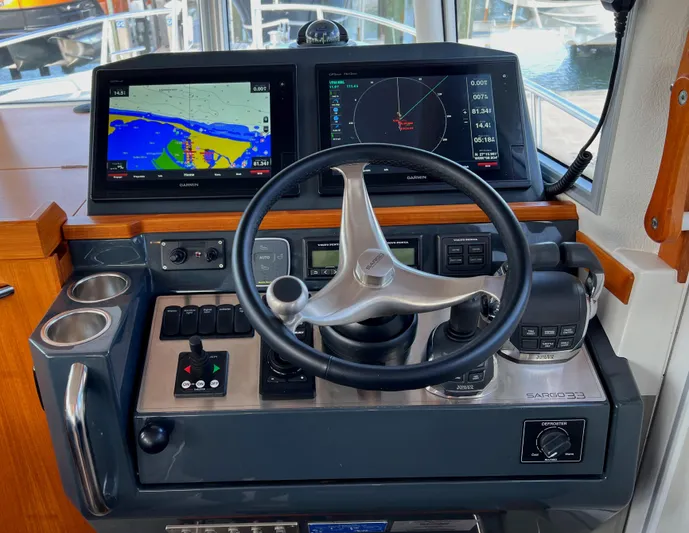 Maramor Yacht Photos Pics 2019 Sargo 33 All Season helm with navigation screens and controls.