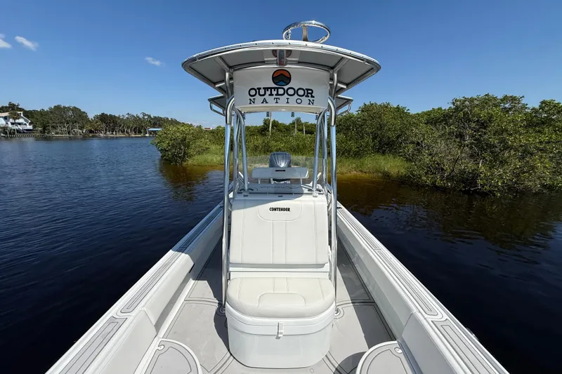  Yacht Photos Pics 2024 Contender 26 Bay boat on calm water, featuring sleek design and outdoor branding.