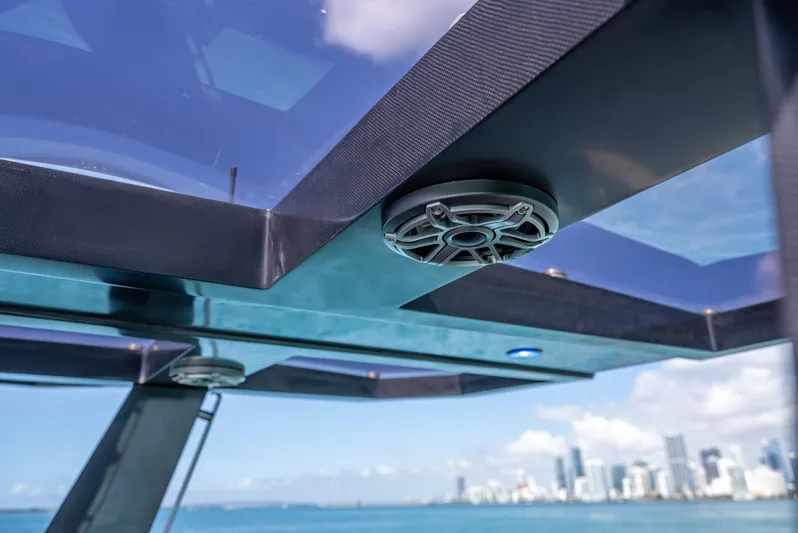  Yacht Photos Pics Wally 43 yacht detail, showcasing speaker and sleek design against city skyline, 2012 model.