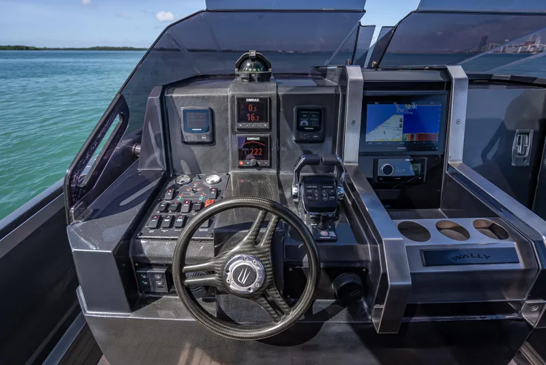  Yacht Photos Pics Steering console of a 2012 Wally 43 yacht with navigation instruments.