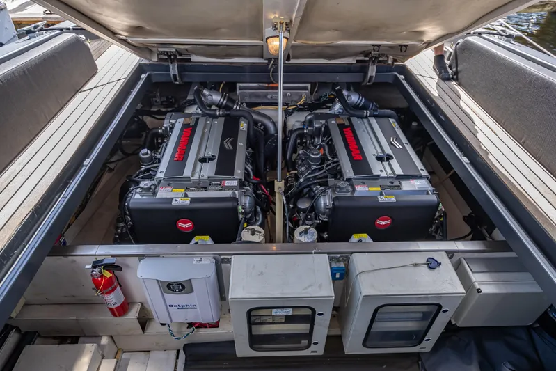  Yacht Photos Pics Engine compartment of a 2012 Wally 43 boat, featuring twin engines and safety equipment.