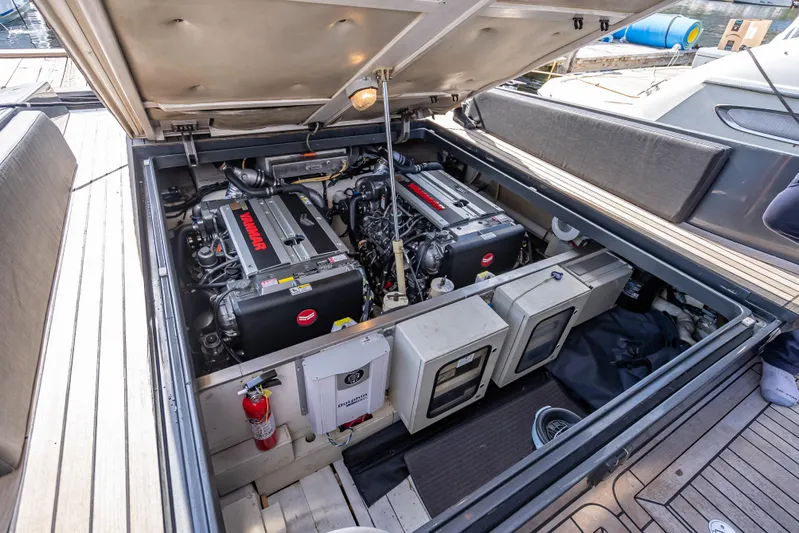  Yacht Photos Pics Engine compartment of a 2012 Wally 43 yacht, showcasing dual engines and equipment.