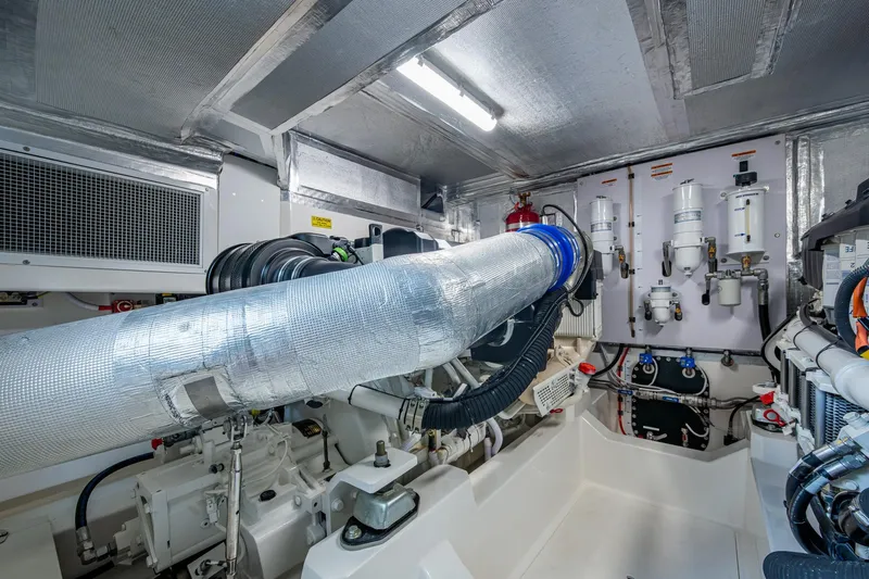 Norfolk Girl Yacht Photos Pics Engine room of 2023 Maritimo M55 yacht, featuring advanced mechanical systems and components.