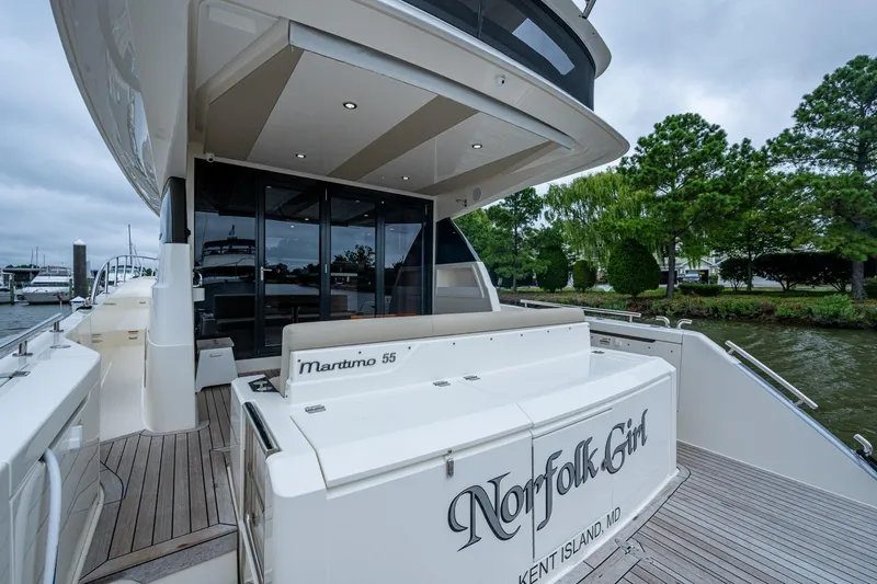 Norfolk Girl Yacht Photos Pics 2023 Maritimo M55 yacht docked, featuring sleek design and spacious deck area.