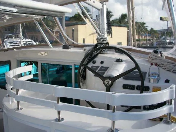 Que Sera Yacht Photos Pics Helm of 2009 Prout 45S catamaran with steering wheel and control panel.