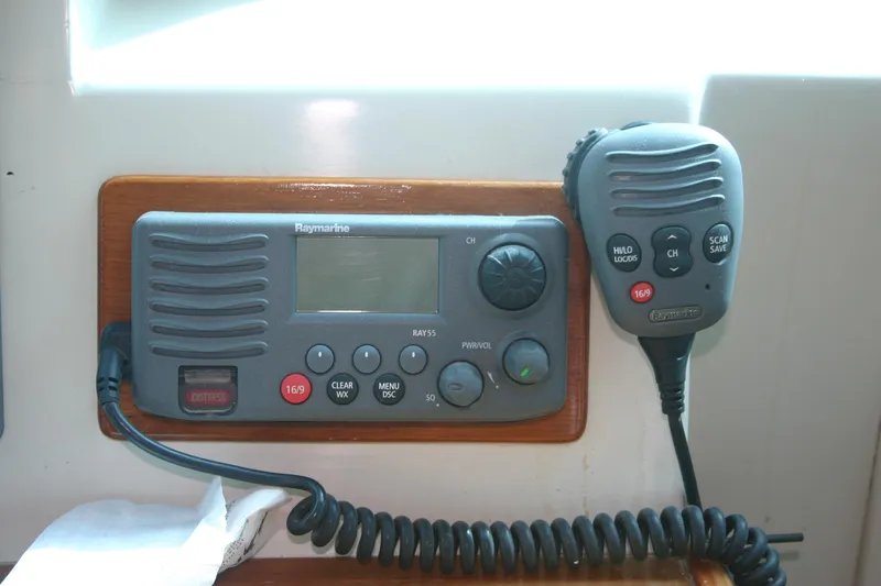 Que Sera Yacht Photos Pics Boat radio system on a 2009 Prout 45S, featuring a microphone and control panel.