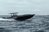 Speedboat cruising on open sea, Fabio Buzzi FB 38/19 S, 2008 model.