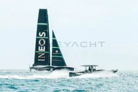 Sailing yacht and powerboat on ocean, featuring INEOS branding, FB Design Fabio Buzzi FB 38/19 S, 2008.