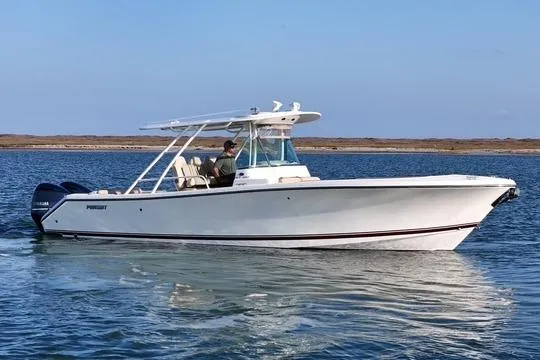  Yacht Photos Pics 2016 Pursuit ST 310 Sport boat cruising on calm waters under a clear blue sky.