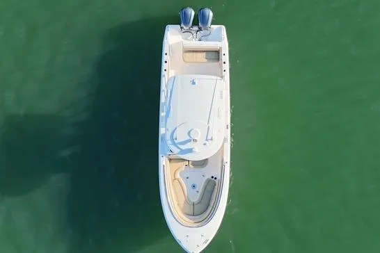  Yacht Photos Pics Overhead view of 2016 Pursuit ST 310 Sport boat on calm green water.